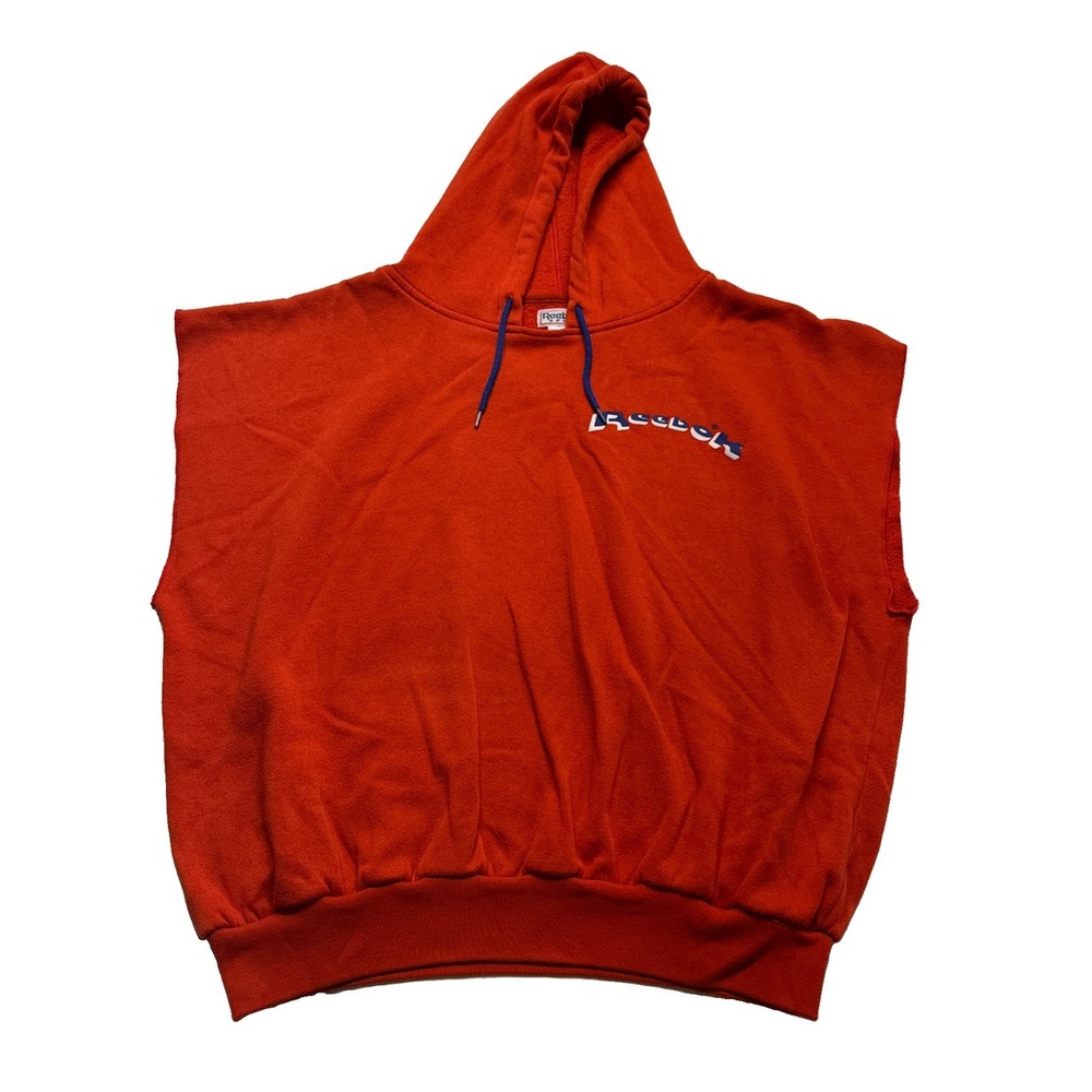 Vintage Reebok Pullover Hoodie Orange Large Men's Muscle Cutoff Sleeves